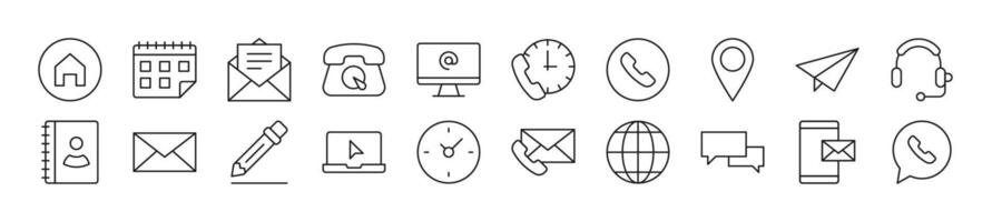 Pack of line icons of contact us. Editable stroke. Simple outline sign for web sites, newspapers, articles book vector