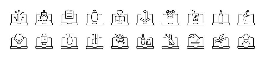 Bundle of linear symbols of items on laptop. Editable stroke. Linear symbol for web sites, newspapers, articles book vector