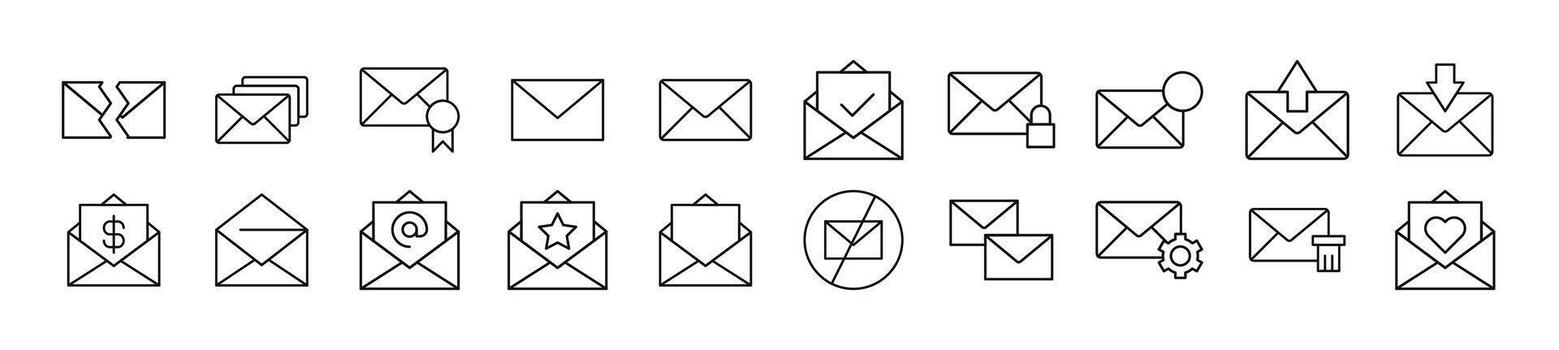Pack of linear symbols of envelope. Editable stroke. Linear symbol for web sites, newspapers, articles book vector