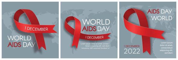 A set of cards for World AIDS Day with a red ribbon. Print template design. A flat illustration. vector
