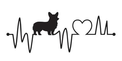 Heartbeat pulse line with Welsh Corgi dog silhouette - Dog and Cardiogram wave with Heart love illustration vector