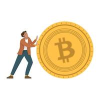 A man in a suit pushes a large bitcoin coin. Cryptocurrency growth or purchase, exchange. Designing startup websites vector