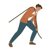 A man in a suit is pulling something with a rope. Person manager in a pose pulling objects. vector