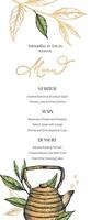illustration of a menu for tea drinking, weddings, parties. Tea leaves with teapot, desserts and main courses on an elegant menu vector
