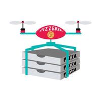 A drone with three boxes of pizza flies to fulfill an order. Flat style. Design for pizza delivery service, pizzeria. Design of a mobile application cafe, fast food vector