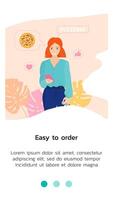 illustration with template for mobile application, girl with red hair orders pizza online by phone. Around the growth of monstera. Part of a set for app design in cartoon or flat style. vector