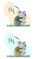 Koala in a striped sweater in a cartoon style sits under a eucalyptus and holds a gum leaf in its hands. vector