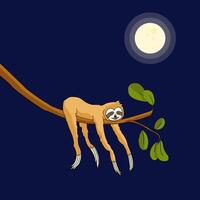 Adorable sloth sleeping on the tree. Charming sloth with a flower in its fur. Tropical pattern for textile prints, poster, cute stationery, print for caps and T shirts. vector