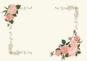 illustration of a rose and peonies in shabby chic style in a frame. The basis for a wedding invitation or postcard. Horizontal vector