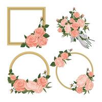 Frames with roses and peonies in the style of shabby chic set. Round and square frames and bouquet, illustration vector