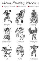 Hand drawn tattoo design set with fantasy ctreatures vector