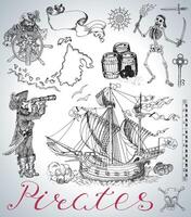 Design set with pirates, ship, skeleton and vintage sea symbols vector