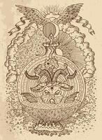 Mystic drawing with spiritual and christian religious symbols as Devil, Eve and Adam, hell and paradise on texture background vector