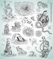 Design collection with sea mythologycal creatures, ships, mermaid and symbols vector