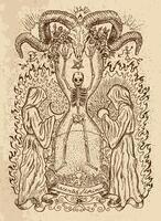 Mystic drawing with human skeleton in sandglass, monks with sun and moon, devils head and spiritual symbols on texture background vector
