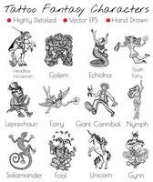 mano dibujado tatuaje diseño conjunto con fantasía criaturas vector