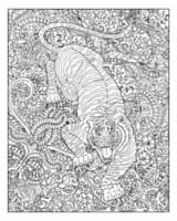 Hand drawn tiger against floral pattern background vector