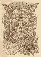 Mystic drawing with scary skull, steampunk and ghotic symbols as rose, demon wings, cross, cogs and wheels on texture background vector