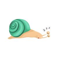 sleeping snail with a turquoise-green shell in a cartoon style. The snail is resting, the funny slug in the sink is tired and lay down, snoring vector