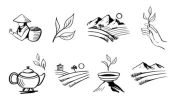 Collection of tea icons, tea leaves in hand and a cup with green tea in the mountains. Large set of signs for packaging or website vector