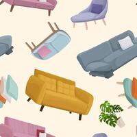 illustration with seamless pattern with home furniture, sofa and monstera in a pot. Fabric and stationery design, packaging and website design vector