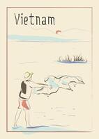 Vietnam. Fisherman throws a net at dawn on a mountain lake Lack Travel poster, banner, postcard or calendar page idea, stationery print vector