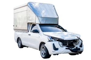 Full body side view of white delivery car get damaged by accident on the road. damaged cars after collision. Isolated on transparent background , File png