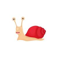 Snail with a red shell in a cartoon style. The snail is a tired, brooding and funny emotion. For children's books or memes about speed vector