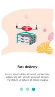 Template for mobile application, the drone flies to fulfill an online order and carries 3 boxes of pizza. Part of a set for application design in cartoon or flat style. vector