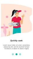 Template for mobile application, a girl in the form of a pizzeria holds 3 boxes of pizza in her hands. Part of a set for application design in cartoon or flat style. vector