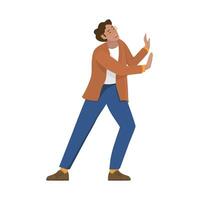 The man is pushing something. Cartoon style. A man in an office worker suit pushes. It is worth pushing in a pose vector