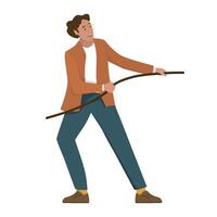 A man in a suit is pulling something. Person manager in a pose pulling objects. vector