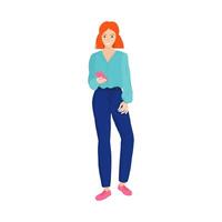 Young red-haired girl looks at a mobile phone, cartoon style. The girl is chatting, making an order in the service of getting food, pizza, goods. Mobile app design, website design vector