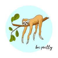 Adorable sloth sleeping on the tree. Charming sloth with a flower in the fur. Tropical pattern for textile prints, poster, cute stationery, print for caps and T-shirts. EPS 8 illustration vector