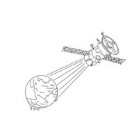 Satellite in space sends rays to the earth. Sketch. Global communication concept, 5G, harmful impact on the planet vector