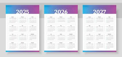 Web2025, 2026 and 2027 calendar set. The week starts on Sunday. Simple calender layout. Yearly diary. Stationery template with 12 months, Organizer in English. Pocket or wall formats. vector