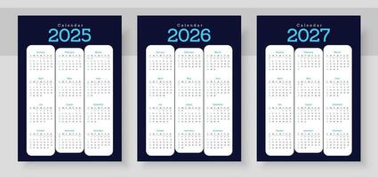 Calendar 2025, calendar 2026 and calendar 2027. Week start Sunday. Simple vertical calendar design template. Corporate design planner template. Organizer in English. Pocket or wall formats. vector