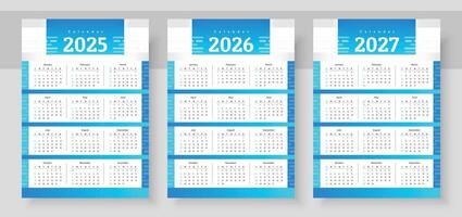 Web2025, 2026 and 2027 calendar set. The week starts on Sunday. Simple calender layout. Yearly diary. Stationery template with 12 months, Organizer in English. Pocket or wall formats. vector