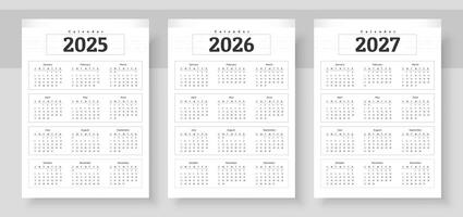 Simple english calendar 2025, 2026 and 2027. The week starts on Sunday. Simple calender layout. Yearly diary. Stationery template with 12 months, Organizer in English. Pocket or wall formats. vector