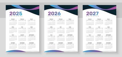 Web2025, 2026 and 2027 calendar set. The week starts on Sunday. Simple calender layout. Yearly diary. Stationery template with 12 months, Organizer in English. Pocket or wall formats. vector