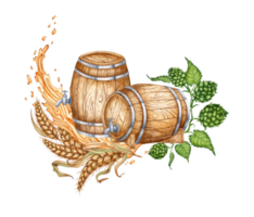 Two wooden barrels with tap, hops and ears of wheat and splashes for beer, wine, cognac, rum, brandy and other alcoholic drinks watercolor illustration. Isolated from the background. Suitable design png