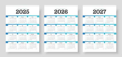 Web2025, 2026 and 2027 calendar set. The week starts on Sunday. Simple calender layout. Yearly diary. Stationery template with 12 months, Organizer in English. Pocket or wall formats. vector