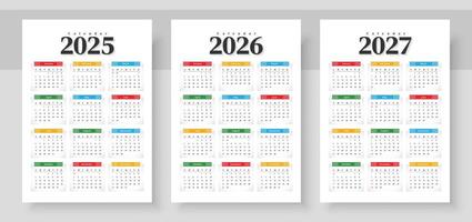 Calendar 2025, calendar 2026 and calendar 2027. Week start Sunday. Simple vertical calendar design template. Corporate design planner template. Organizer in English. Pocket or wall formats. vector