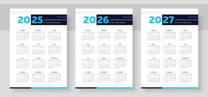 2025, 2026, 2027 years calendar. The week starts on Sunday. Simple calender layout. Yearly diary. Desk planner template with 12 months. Organizer in English. Pocket or wall formats. vector