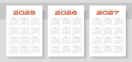 Calendar 2025, calendar 2026 and calendar 2027. Week start Sunday. Simple vertical calendar design template. Corporate design planner template. Organizer in English. Pocket or wall formats. vector