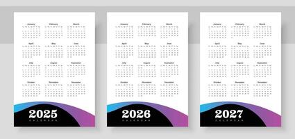 Simple english calendar 2025, 2026 and 2027. The week starts on Sunday. Simple calender layout. Yearly diary. Stationery template with 12 months, Organizer in English. Pocket or wall formats. vector