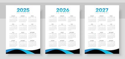 2025, 2026, 2027 years calendar. The week starts on Sunday. Simple calender layout. Yearly diary. Desk planner template with 12 months. Organizer in English. Pocket or wall formats. vector