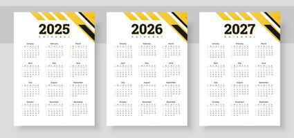 Calendar 2025, calendar 2026 and calendar 2027. Week start Sunday. Simple vertical calendar design template. Corporate design planner template. Organizer in English. Pocket or wall formats. vector