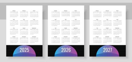 Simple english calendar 2025, 2026 and 2027. The week starts on Sunday. Simple calender layout. Yearly diary. Stationery template with 12 months, Organizer in English. Pocket or wall formats. vector