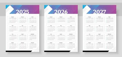 Web2025, 2026 and 2027 calendar set. The week starts on Sunday. Simple calender layout. Yearly diary. Stationery template with 12 months, Organizer in English. Pocket or wall formats. vector